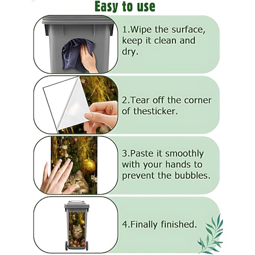 Image of 2 PC Trash Can Sticker 14.57 x 32.28 Inch Fluffy Kitten Christmas Vinyl Sticker with Santa Hat Red Heart Gold Ornament Pine Garland for Outdoor Garbage Bin Garden Yard Decor