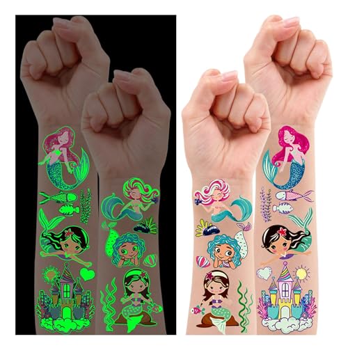 Leesgel Sirena Tatuajes Temporales Niñas, 10 Hojas Lumious Tatuajes Niñas para Detalles...