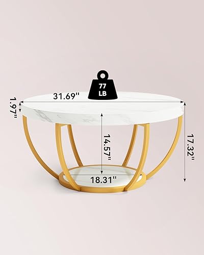 Miniatura 3 de LITTLE TREE Round Coffee Table, 32" Circle Faux Marble Coffee Tables for Living Room, 2-Tier Golden Metal Legs Accent Center Table with Open Storage