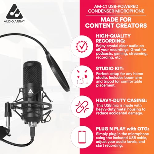 Image of Audio Array USB Condenser Microphone Kit | for Podcasting, Online Meeting, Gaming, Singing & Live Streaming | Boom Arm, Pop Filter, Mic Cover, Spider Shock Mount, Tripod & 2.5M USB Cable | AM-C1