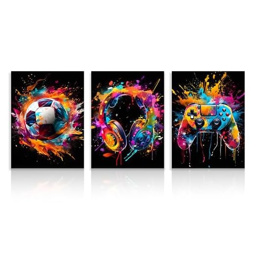 Dazzlewall 3Pcs Graffiti Chicos Habitación de Arte de La Pared, Colorido Fútbol Auriculares Gamepad Imágenes Para El Dormitorio Adolescentes Dormitorio Decoración Del Hogar 30X40 cm Sin Marco