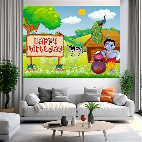 Image of Little Krishna Birthday Backdrop 4x3 Ft | Backdrops for Decoration | Birthday Decoration Backdrop | Banner for Kids Theme Party