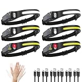 Headlamp Rechargeable 6Pack, 230° Wide Beam LED Headlamp, 7Mode Headlamps for Adults, Head Lamp with Motion Sensor, Red Light Head Lamps LED Rechargeable, Head Lights for Forehead Running Camping