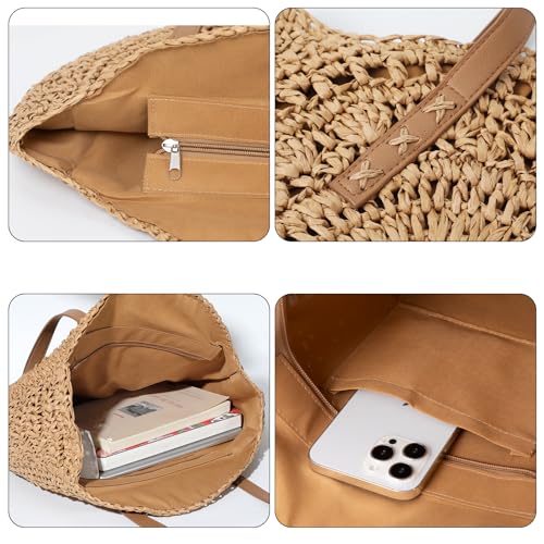 Image of Pleneal Straw Beach Bags for Women - Women Beach Handmade Woven Tote Bag, Summer Mesh Hollow Shoulder Bag for Holiday