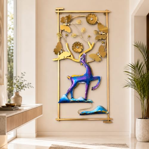 Image of SHREE 'O' GREEN TECH - Metal Handcrafted Deer Frame Big Wall Decor Wall Hanging Multicolor Wall Arts for Home Hotel Office Living Room Bedroom (Size 22x42 Inch)
