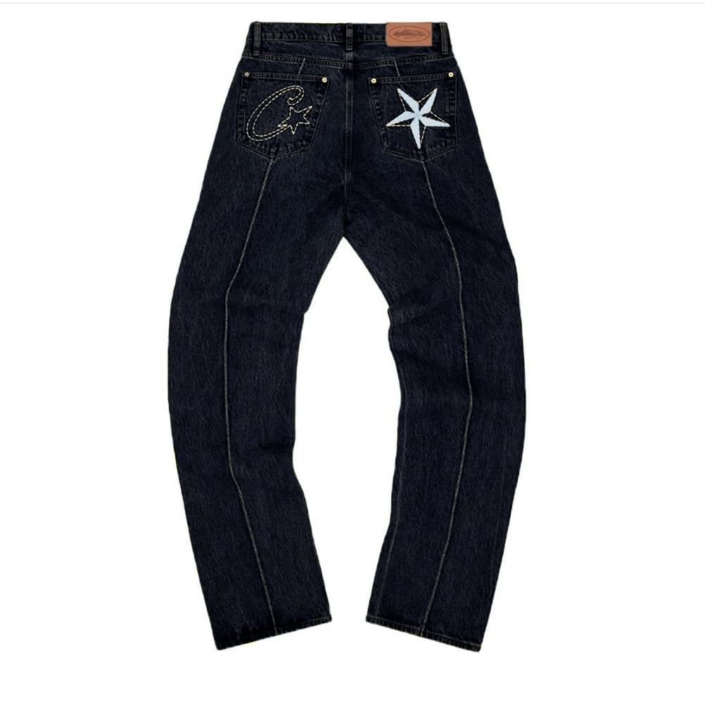 ORANDESIGNE Y2k Jeans Herren Hip Hop Retro Schädel Stickerei Gewaschen Baggy Denim Hose Lässig Lose Weites Bein Hose Streetwear
