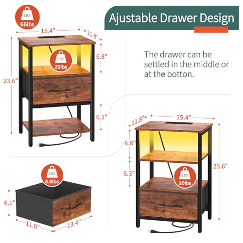Image of Yoobure End Table with Storage, LED Nightstand with Charging Station, Side Tables Living Room, 3-Tier Wood Bedside Table with Adjustable Fabric Drawer, Night Stand for Bedroom, Brown
