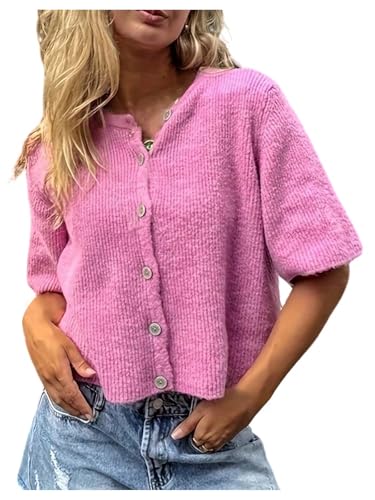 GORGLITTER Women's Short Sleeve Button Up Cardigan Crewneck Cropped Sweater Loose Knit Tops