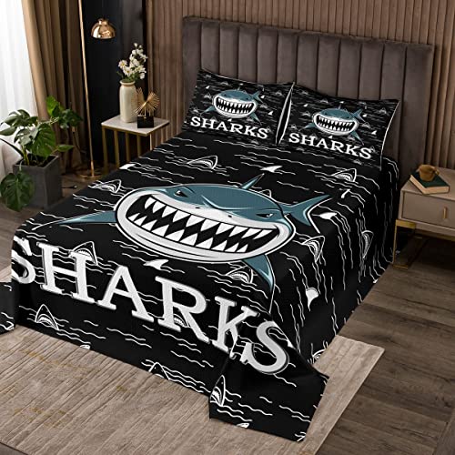 Juego de colcha de tiburón de dibujos animados Power Shark Colcha acolchada para niños y niñas Subacuática de animales Sealife Colcha acolchada negro Colcha King Size