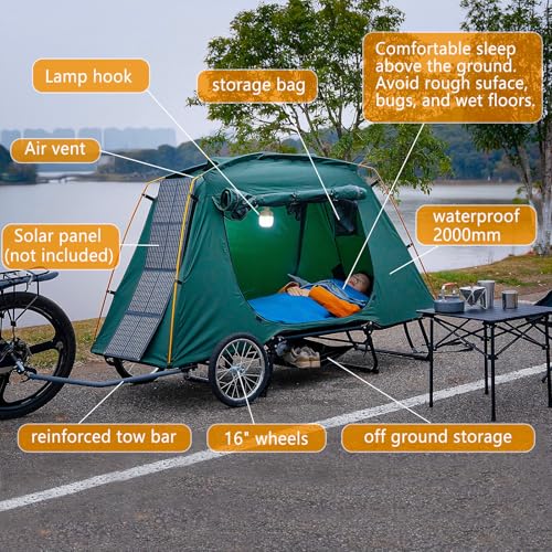 Jagahaha Fahrradanhänger Zelt, Faltbarer, wasserdichter Fahrradwohnwagen mit 16 Zoll Geländerädern, PU2000mm, schneller Aufbau in 2 Minuten, erhöhtes Schlafe, Perfekt E-Bike Camping