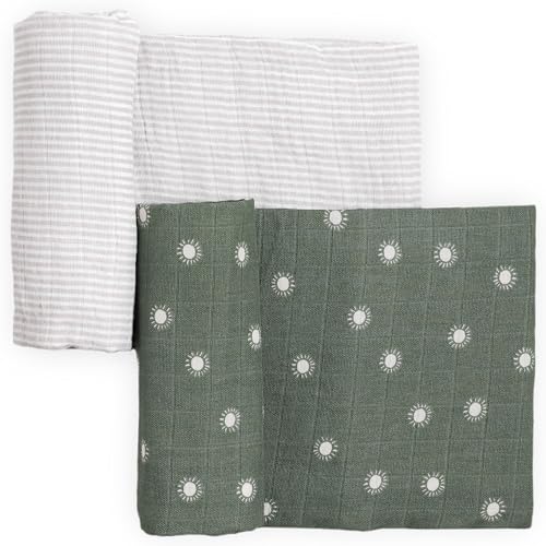 Image of Little Unicorn 100% Certified Natural Organic Cotton Muslin Swaddle Blanket 2 Pack | Giftable Set of 2 swaddles (Sage Suns)