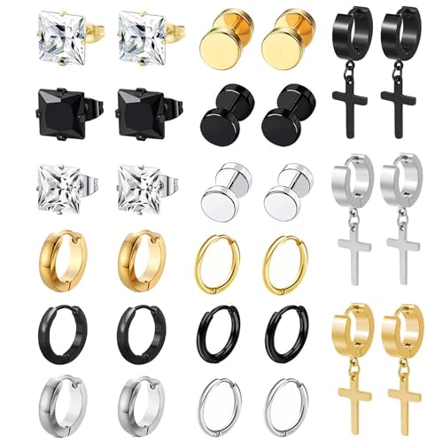 10 Paires De Boucles D'oreilles Pour Homme En Acier Inoxydable Noir Et Argent - Hypoallergénique, Unisexe, Piercings Simples Et Stylés - 7