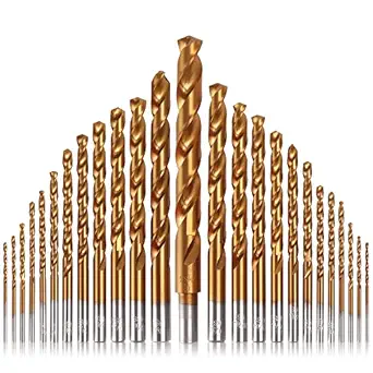 MulWark 25PC Titanium Nitride Coated Twist Drill Bit Set, 135 degree High Speed HSS Steel Jobber Drill Bits 1/6