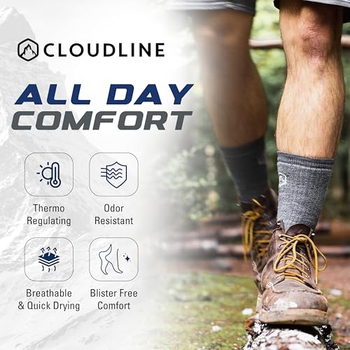 CloudLine Merino Wool Hiking Socks for Men and Women- Ultralight, Thin, Anti-Blister, Moisture Wicking Socks, USA Made 1 Pair4