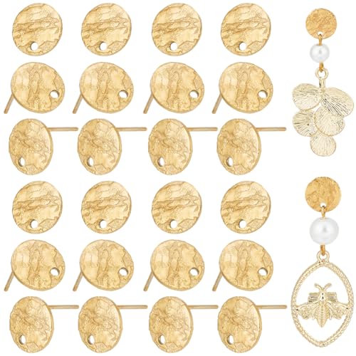 SUNNYCLUE 1 Box 50Pcs Earring Post Findings 304 Stainless Steel Earring Posts Textured Flat Round Post Earrings Gold Earring Studs with 50pcs Butterfly Earring Backs for jewellery Making Accessories