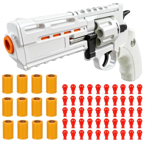 Image of TOYPAPA''Revolver Gun Toy for Boys| Long Barrel Strong ABS Plastic Airsoft Gun Pistol Semi Automatic | 12 Bullet Shell' and 50 Bullets Included''(White+Grey)