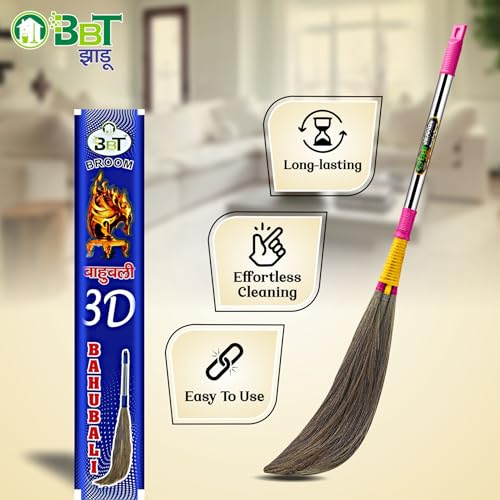 Image of BBT Phool Jhadu for Home Cleaning Pack of 2 | Natural Grass Broom | Long Handle Floor Cleaning Jhadu | Strong, Durable & Dust Free Sweeping Broom for Household Use