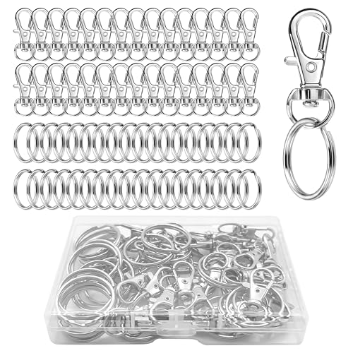 60 Pcs Keyring Making Kit 30Pcs Key Rings and 30Pcs Lobster Clasps Stainless Steel Metal Keychain Clip with Plastic Box for Jewellery Making DIY Craft