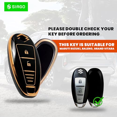 Image of SIAGO SIA351 TPU Key Cover and Metal Keychain Compatible for Maruti Suzuki Baleno | Ciaz | Swift | Ertiga | Ignis | Ritz | S-Cross | SX4 | Vitara Brezza 2 Button Smart Key Cover (Black Pack of 1)