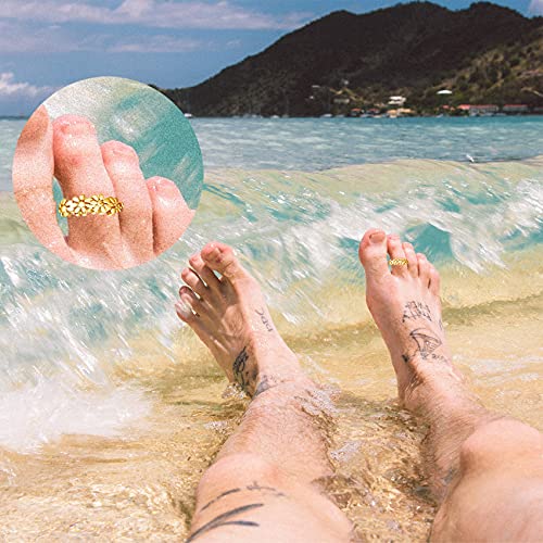 Honsny Adjustable Toe Rings For Women Girl, 14K Gold Simple Beach Open Toe Ring Set Flower Star Moon Arrow Heart Leaf Pinky Tail Rings Knot Wave Silver Summer Toe Ring For Teen Girls Foot Jewelry #TOP3