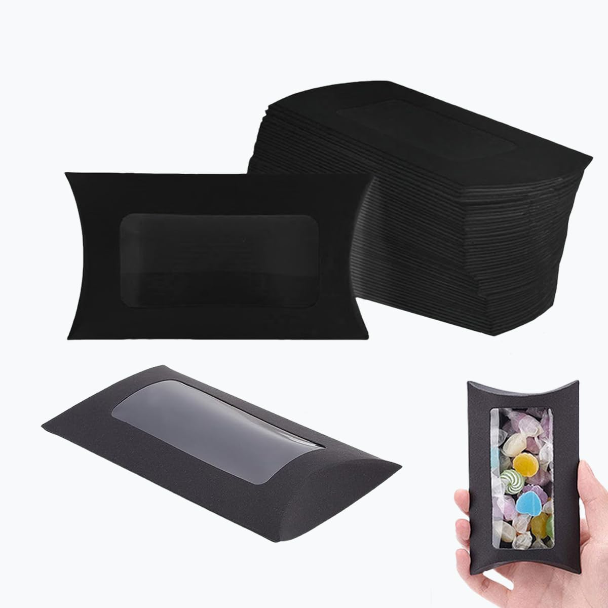 40 Pcs Pillow Gift Boxes with Windows,Kraft Paper Mini Pillow Packaging Box, Creative Favor Box Folding Treat Boxes with Clear Window for Bakery Candy