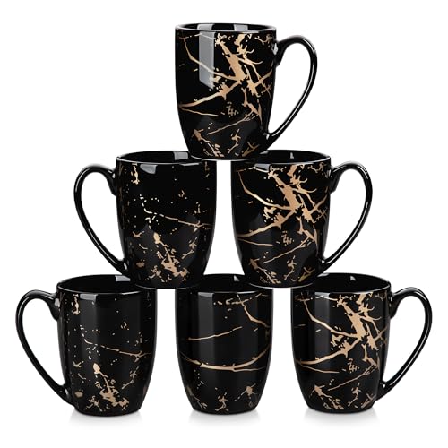 LOVECASA Coffee Mugs Set of 6 13oz/380ml Black and Gold Ceramic Mugs with Handle Stoneware Tea Cups for Coffee Latte Cappuccino Tea or Hot Chocolate Perfect for Home & Office