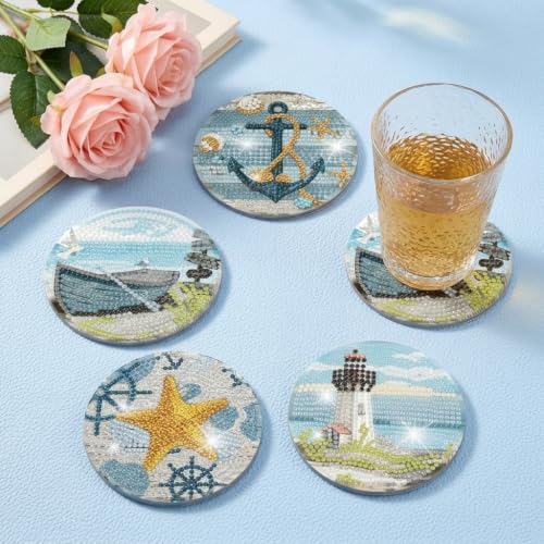 Image of HASTHIP 8 Pcs Diamond Painting Coasters Kits, Exquisite Diamond Painting Coasters with Holder, DIY Art and Crafts for Adults Kids Style Acrylic Beach Style Coaster DIY Art Kit for Adults Home Decor