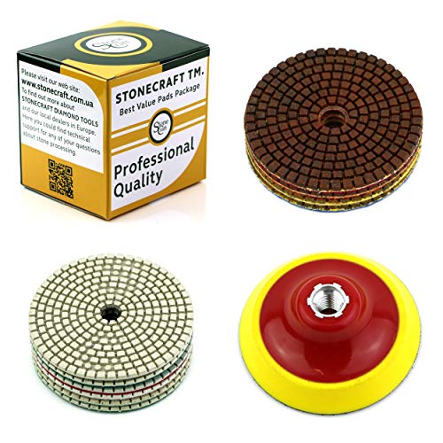 Stonecraft Diamant Polierscheibe Nass/Trocken für Granit Beton Stein 11 Stück Set 100mm M14 Gewinde-Stützteller Cover