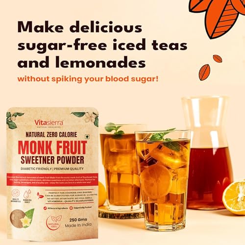Image of Vitasierra Monk Fruit Sweetner Organic Without Erythritol (250 Gm) - 1:1 Sugar Substitute - Low Glyemic Index Gentle & Safe Sweetner - Diabetic Friendly