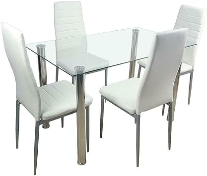 Amazon Com 5 Piece Dining Table Set White 4 Chair Glass Metal Kitchen Dining Room Breakfast Table Chair Sets