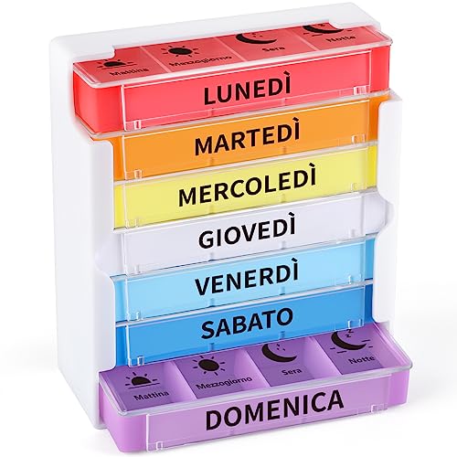 Opret Pastillero semanal italiano, pastillero diario grande, pastillero semanal con 28 compartimentos, organizador para pastillas de viaje Opret Pastillero semanal italiano, pastillero diario grande, pastillero semanal con 28 compartimentos, organizador para pastillas de viaje