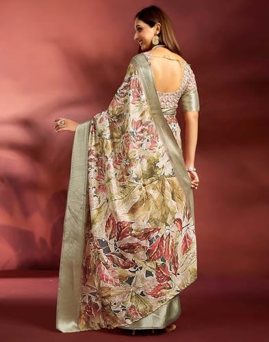 Image of SIRIL Women's Dola Silk Printed Jacquard Border Ready To Wear Saree with Unstitched Blouse Piece