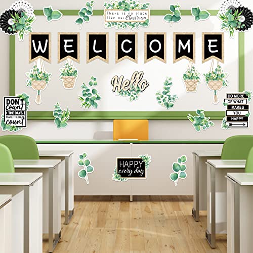 Image of Whaline 29 Pieces Eucalyptus Bulletin Board Set Welcome Banner Simply Boho Bulletin Board Decor Boho Greenery Calendar Cutout Decorations for Back to School Classroom Teacher Supply