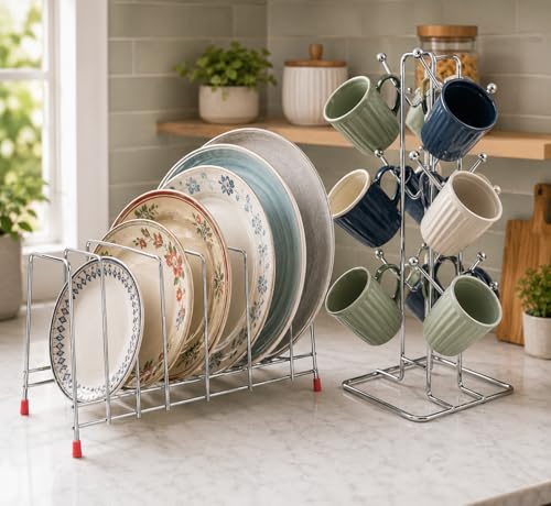 Image of Zepdos Stainless Steel 9 Plate Organiser for Kitchen with Cup Holder, Thali Rack, Dish Rack for Kitchen, Plate Stand with Lid Holder, Pack of 2