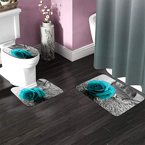Badezimmerteppich-Set, 3-teilig, Blume, Blaugrün, Blau, Rose, Schwarz und Weiß, Blumenmuster, waschbare Badteppiche, rutschfest, mit Rückenpolster, Konturteppich und Toilettendeckelbezug – Bild 3