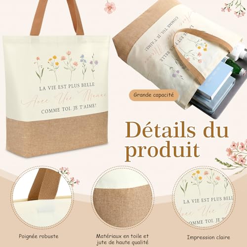 Photect Cadeau pour Maman, Sac Cabas en Jute, Porte-Clés avec Pendentifs Pétales et Papillons, Plaque en Bois en Forme de Cœur, Enveloppe, Cadeau pour Fête des Mères Anniversaire – vue 4