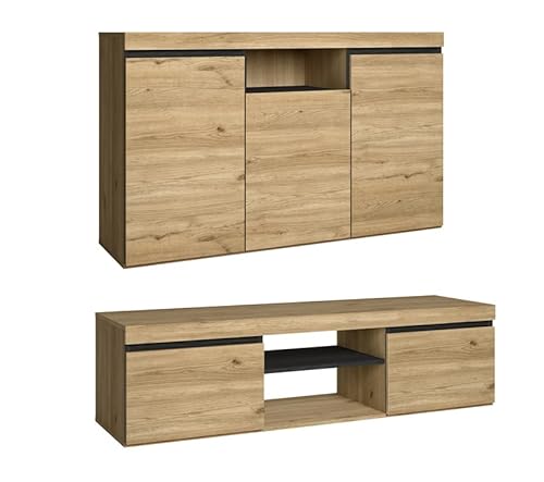 Skraut Home - Set Naturale soggiorno sala da pranzo, mobili ausiliari, buffet mobile-tv 140cm Rovere Nero Nordico