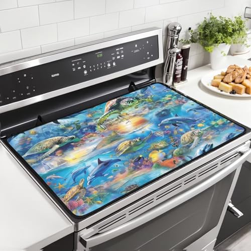 Image of Dolphin Sea Turtle Glass Stove Cover Stovetop Protector Cover Foldable Electric Stove Top Protector Prevent Scratching Washer Dryer Counterto Cover for Home Decor