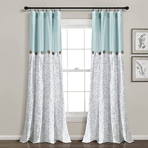 Lush Decor Linen Button Botanical Garden Window Curtain Panel Single 40" W x 84" L Blue & Gray - Farmhouse Curtains for Bedroom - Living Room Curtains