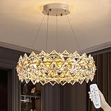 Moooni 24' Modern Crystal Chandelier, LED Dimmable Drum Pendant Light with Remote Control, Adjustable Height Round Ceiling Light Fixture for Living Room Dining Room Bedroom Entryway Foyer