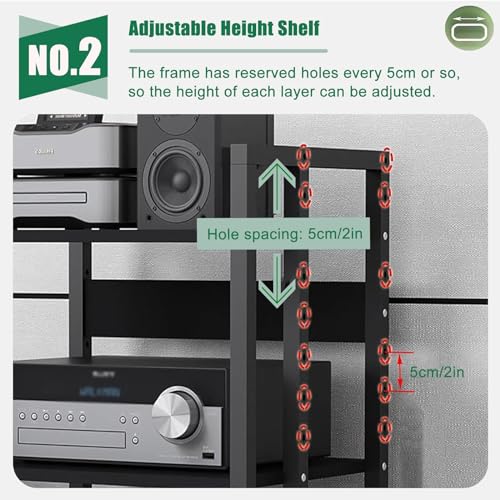 mueble equipo hifi Estante de audio de metal con cajón 16 18 pulgadas - Estante/gabinete para componentes estéreo de 3 niveles - Estante multimedia negro para accesorios de TV Consolas de juegos Equip - imagen 3