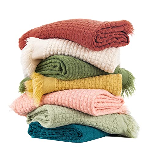 Cozecube Boho Throw Blanket For Couch, Spring Throw Blanket, Basket Weave Waffle Throw Blanket, Farmhouse Lightweight Throw Blanket With Fringe, Cream, 60'' X 50'' #TOP6