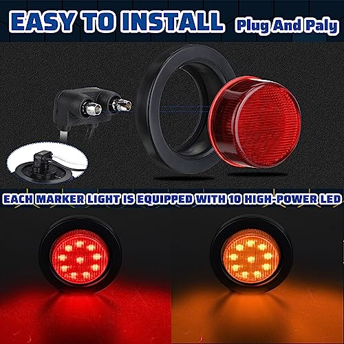 Image of Treela 16 Pcs 2 Inch LED Marker Lights 10 LEDs Round Trailer Light Waterproof Sealed with Rubber Flush Mount Grommet 2 Prong Wire Pigtails for RV Truck Semi Trailer Side Tail Lights(Red and Amber)