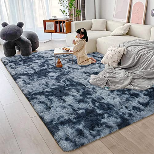 Jocovieh Super Soft Shaggy Rugs Fluffy Carpets, 4X6 Feet Indoor Modern Plush Area Rugs For Living Room Bedroom Kids Boys Girls Room Dorm, Durable Non-Slip Shag Rug For Nursery, Tie-Dyed Blue Grey #TOP5