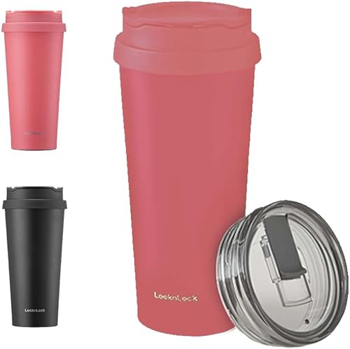 LocknLock Vaso de café de 18 onzas con clip rojo amarillento (rosa) con tapa a prueba de fugas, de acero inoxidable de doble pared sin BPA, con