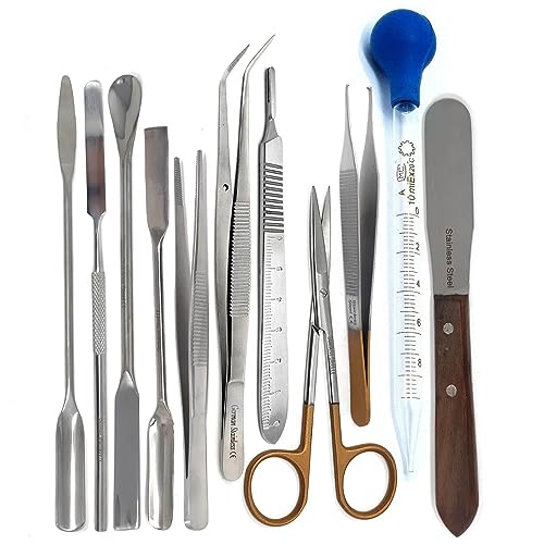 A2Z Scilab 11 Pcs Lab Micro Spatula Scoop Spoon Tweezers Sampler Instrument Kit, Made of Stainless Steel - Multi Purpose Laboratory Sampling Mixing Glass Pipette Set - For Starter Science STEM Lab Kit