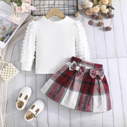 Image of Noubeau Toddler Girls Plaid Outfits Girls Puff Sleeve Knit Ribbed Shirt Tops Plaid Skirt Set Kids Fall Winter Clothes