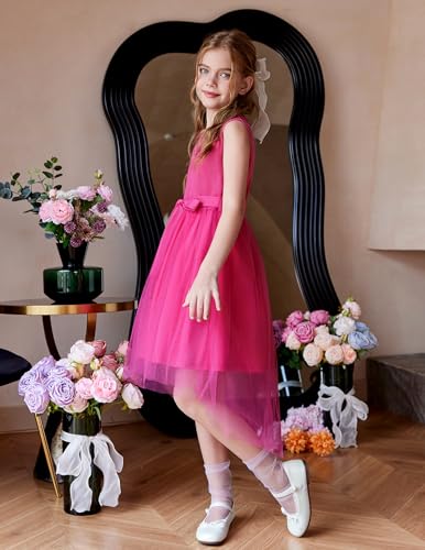 Image of Arshiner Girls Dresses Formal Party Wedding Tulle Sleeveless Contrast Mesh High Low Dress with Belt