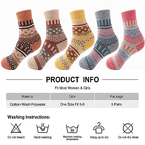 Image of ICEIVY Womens Socks 5 Pairs Wool Warm Cotton Thick Vintage Casual Winter Cabin Crew Fuzzy Socks Gifts For Women