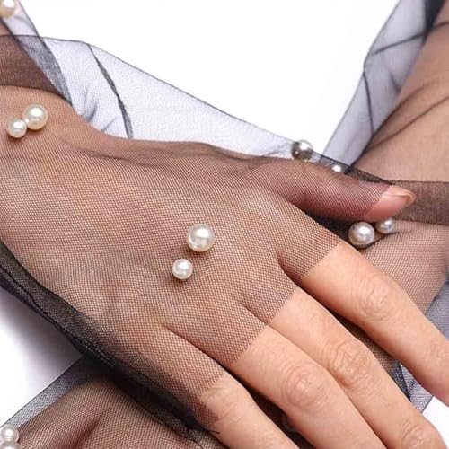 Halloween Fingerless Pearl Black Gloves Long Tulle Wedding Gloves for Bride Halloween Cosplay Bridal Decoration for Women and Girls 1 Pair4